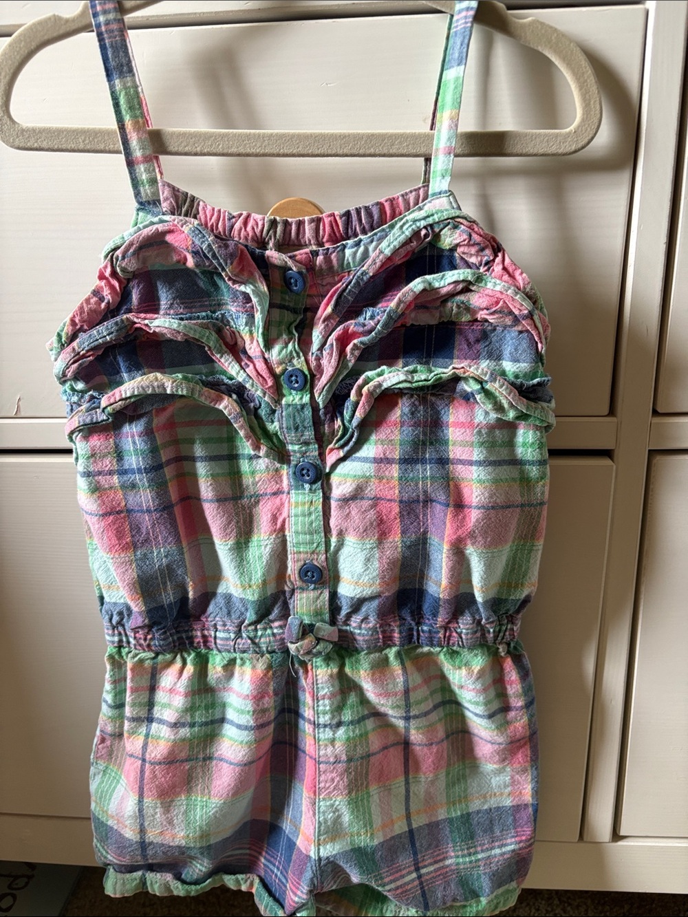 Oshkosh Girls Plaid Ruffle Romper in Pastel Multi- size 5